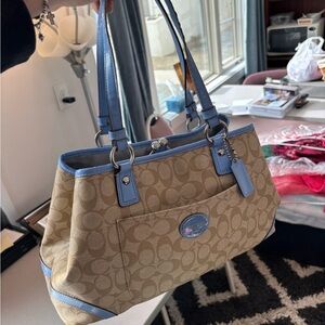 Coach Beige and Light Blue Shoulder Bag with Matching Wallet